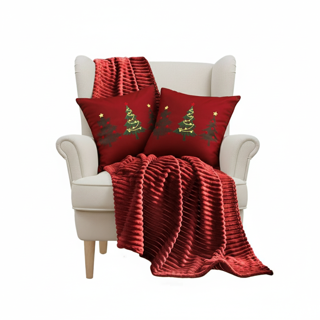 SOGA 3PC Christmas Set – Burgundy Striped Flannel Throw Blanket with Red Tree Trio Pillow Covers