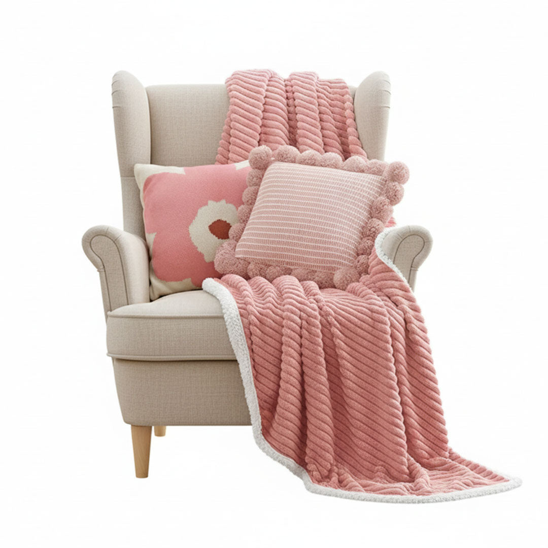 SOGA 3PC Cozy Pink Set – Flannel Throw Blanket with Pillow Covers (Ribbed Pom-Poms & Blush Bloom Design)