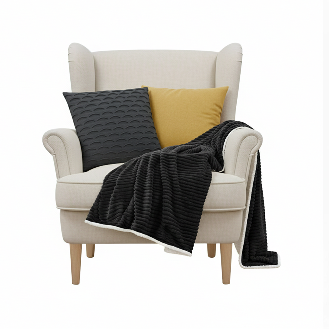 SOGA 3PC Cozy Set – Flannel Throw Blanket with Pillow Covers (Scalloped Charcoal & Golden Velvet Design)