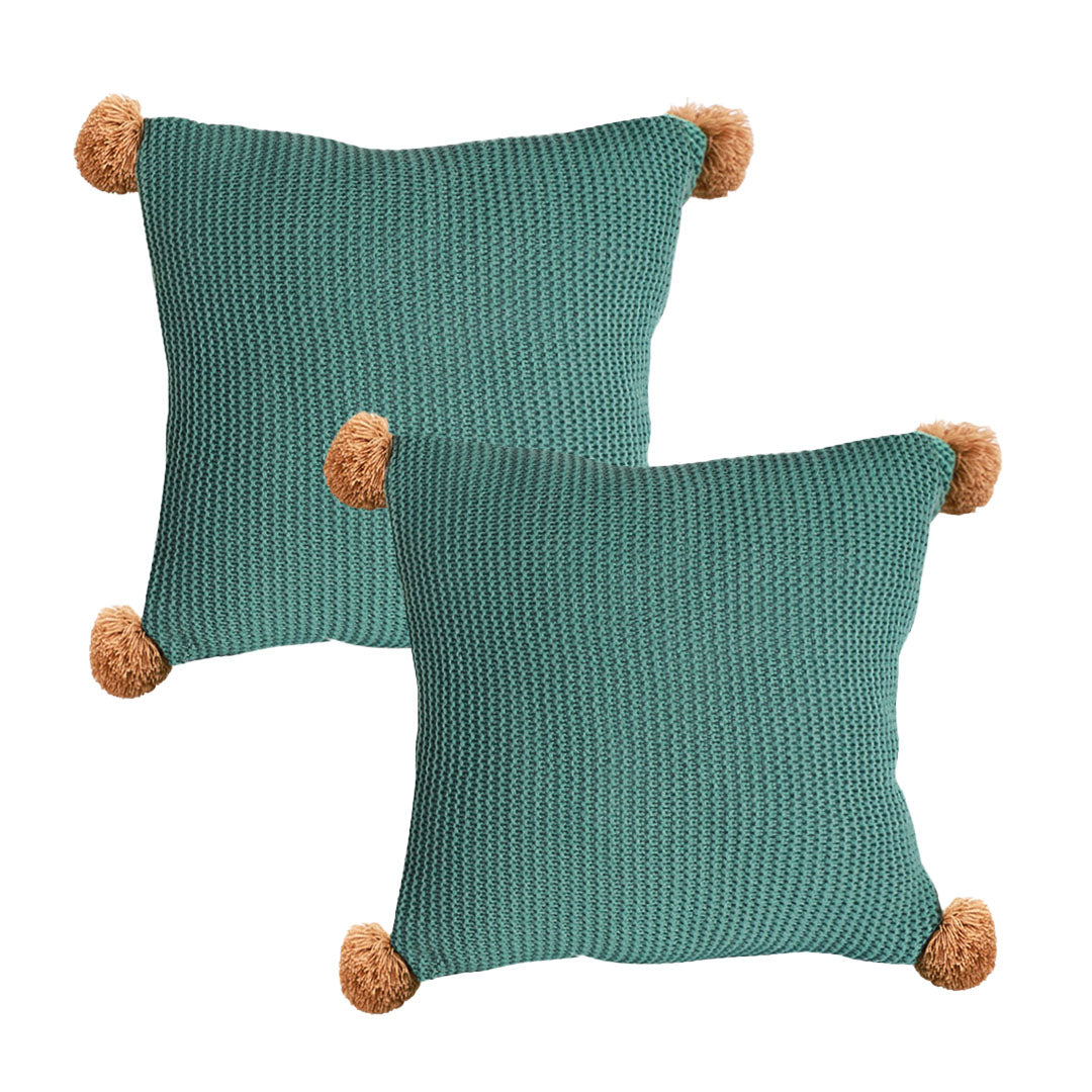 SOGA 2X 45cm Sage Green Ribbed Knit Pillowcase with Tan Pom-Poms – Boho Decorative Cushion Covers