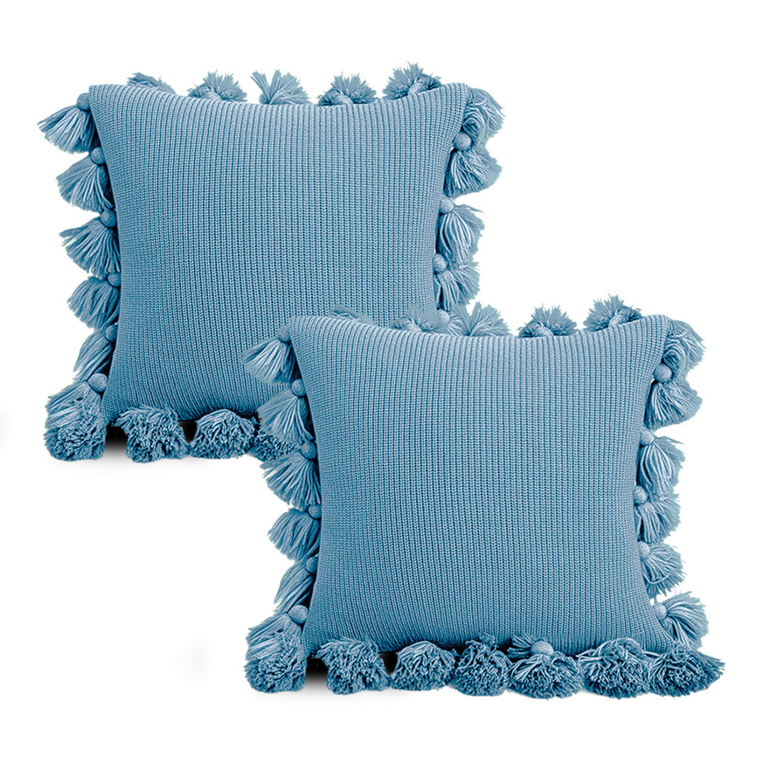 SOGA 2X 45cm Sky Blue Textured Pillowcase with Pom-Pom Trim – Coastal Decorative Cushion Covers