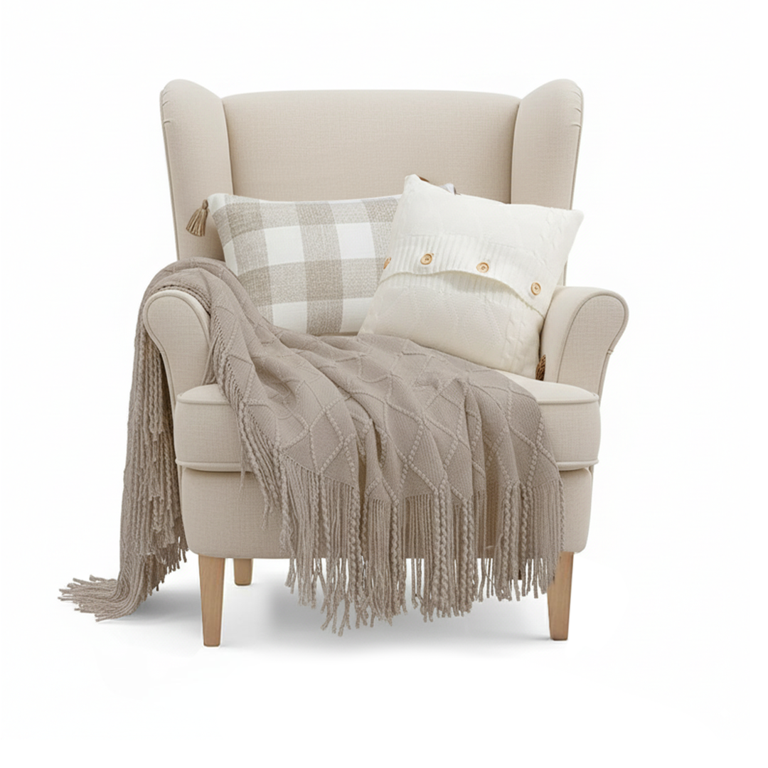 SOGA 3PC Cozy Set – Coffee Diamond Knit Throw Blanket with Decorative Pillow Covers (Knit Comfort & Gingham Check Design)