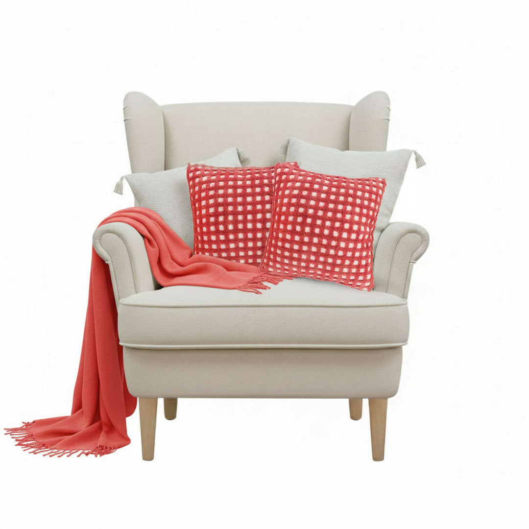 SOGA 5PC Set – Orange Knitted Throw with Fringes + Coral Polka Dot & Cream Tassel Pillowcases – Cozy Home Decor