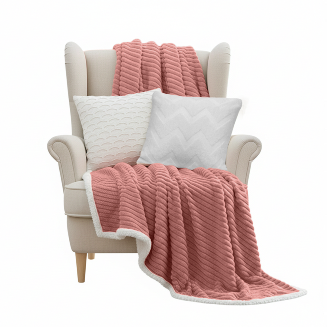 SOGA 3PC Cozy Set – Pink Flannel Throw Blanket with Decorative Pillow Covers (Chevron Pure & Scalloped Wave White Design)