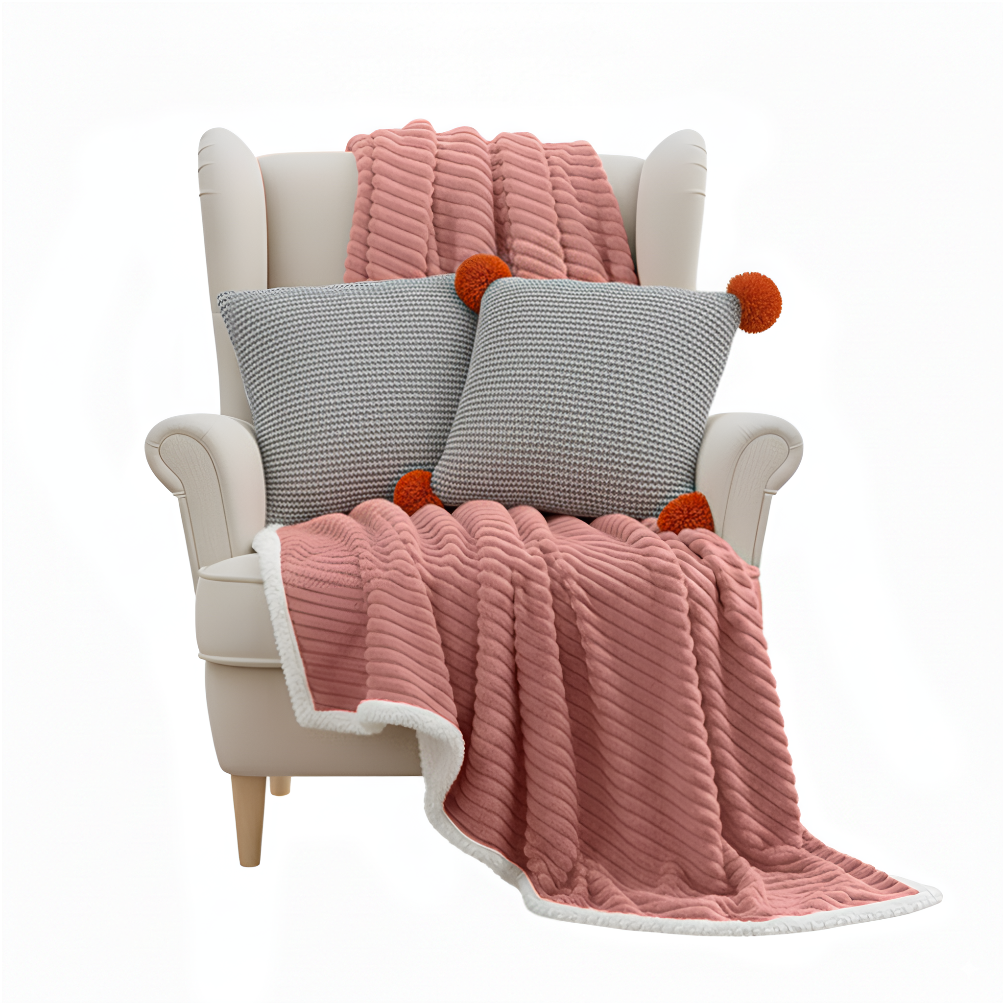 SOGA 3PC Cozy Set – Pink Flannel Throw Blanket with Pillow Covers (Stone Texture & Gray Ribbed Pom-Poms Design)
