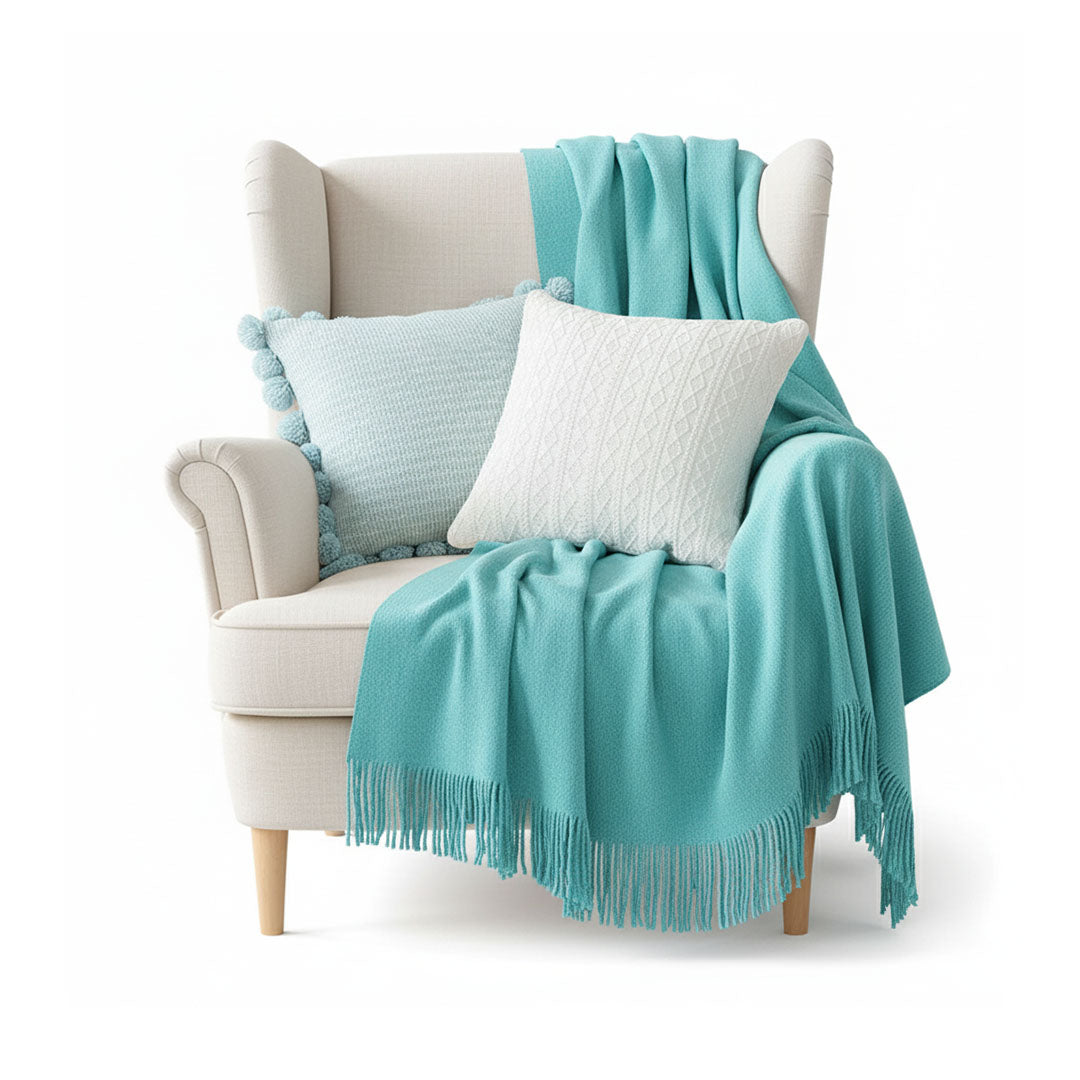 SOGA 3PC Cozy Knit Set – Teal Throw Blanket with Decorative Knitted Pillow Covers (Blue Ribbed & Cable Knit Design)