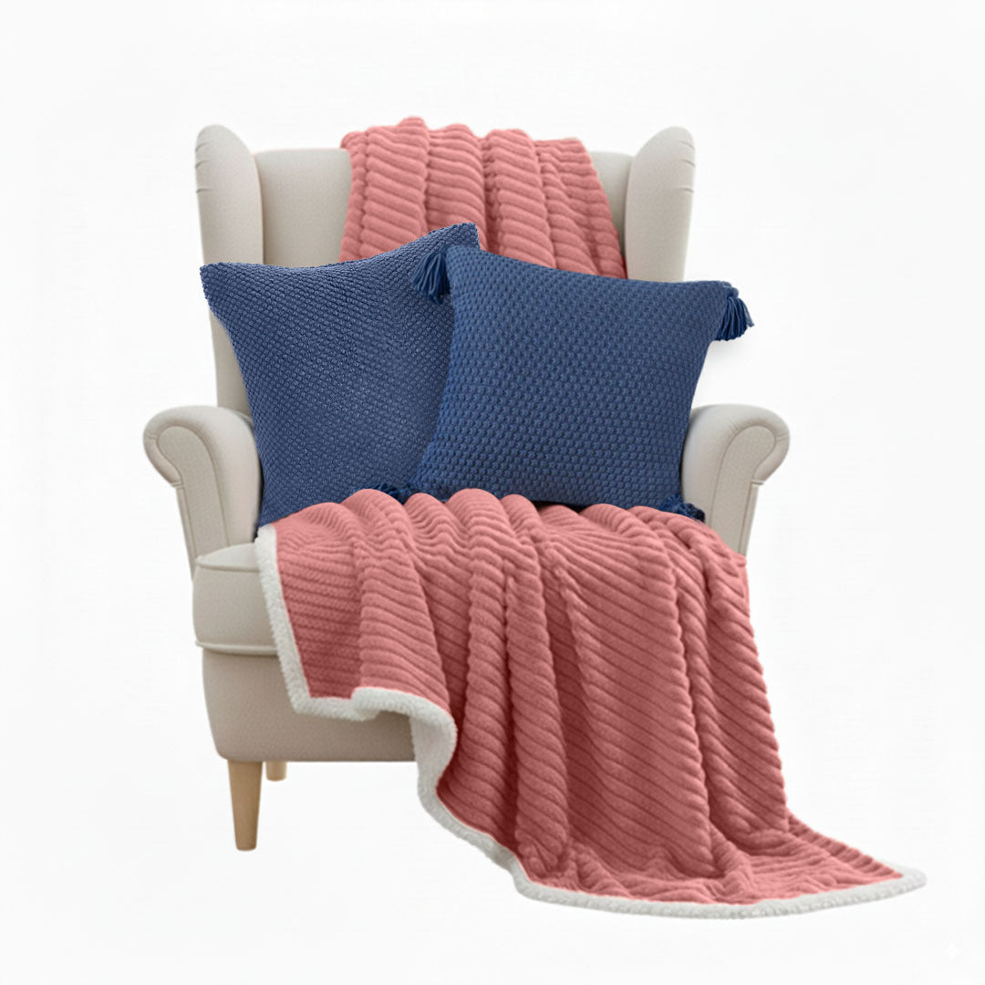 SOGA 3PC Cozy Set – Pink Flannel Throw Blanket with Decorative Pillow Covers (Chunky Knit & Textured Navy Design)