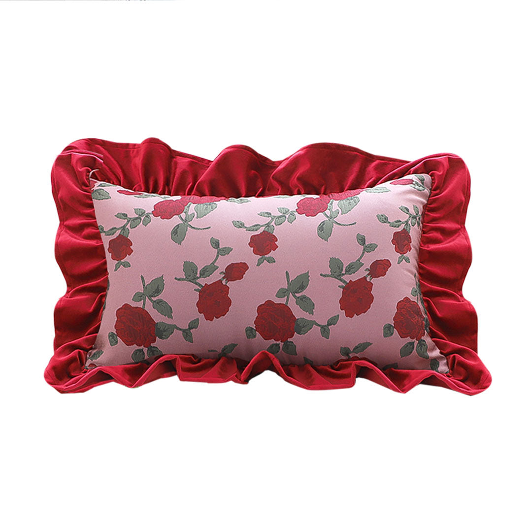 SOGA 30x50cm Rose Print Pillow Cover with Red Ruffle Border