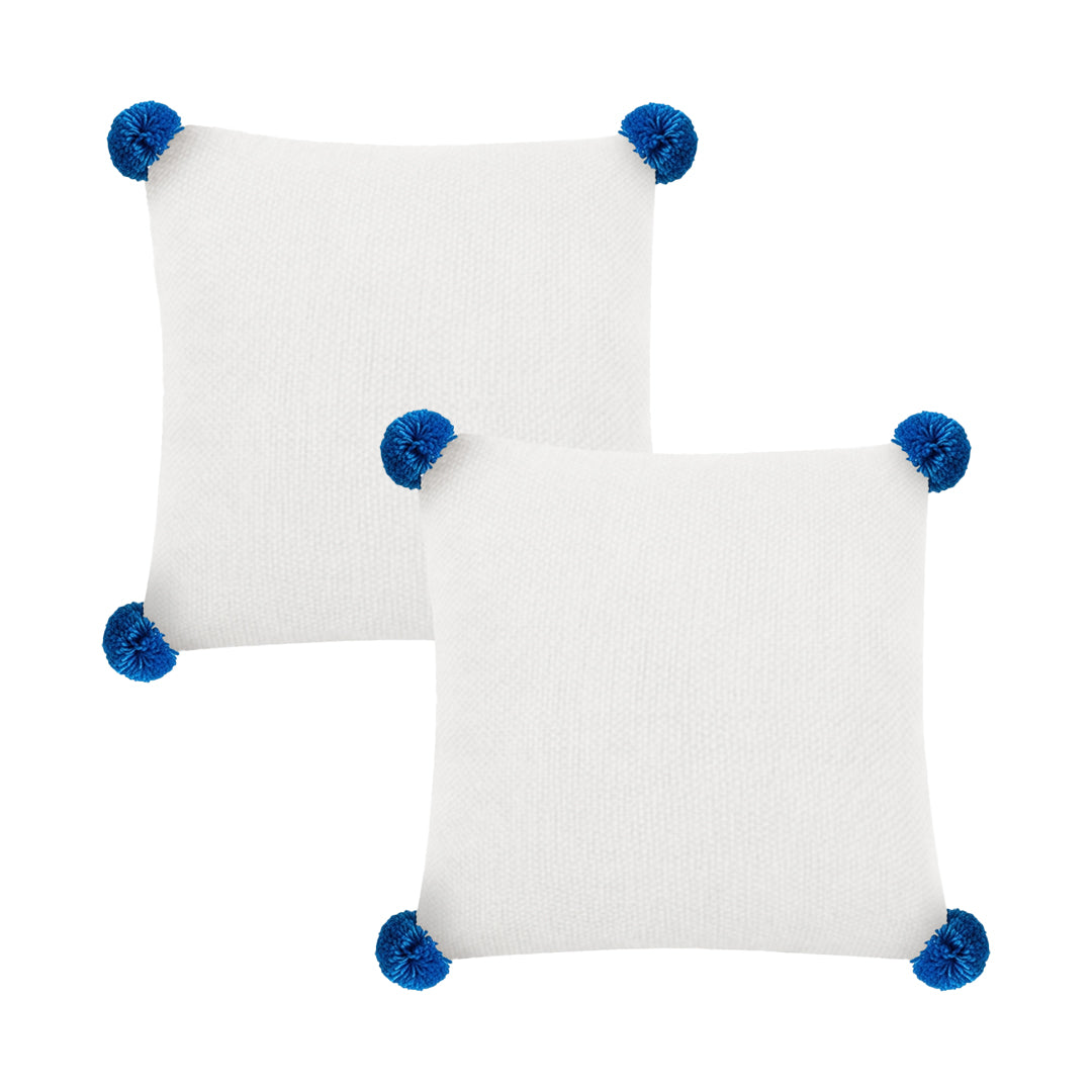 SOGA 2X 45cm Cream White Ribbed Knit Pillowcase with Blue and Yellow Pom-Poms – Modern Coastal Cushion Covers