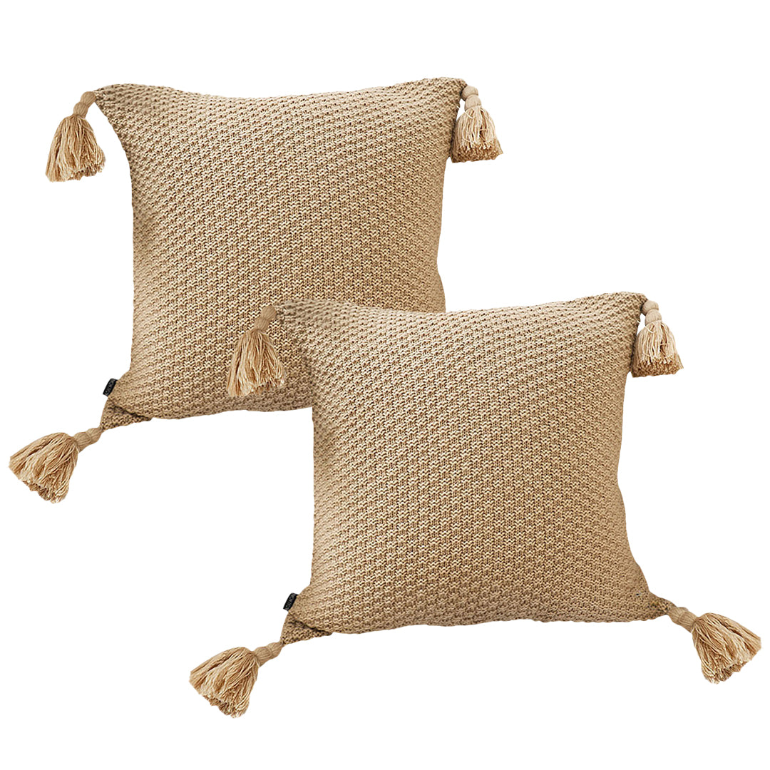 SOGA 2X 50cm Chunky Knit Decorative Pillow Covers with Tassels – Warm Beige