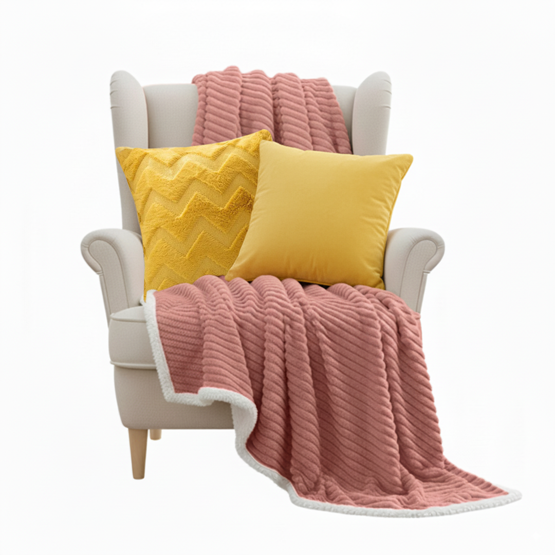 SOGA 3PC Cozy Set – Pink Flannel Throw Blanket with Pillow Covers (Chevron & Yellow Velvet Design)