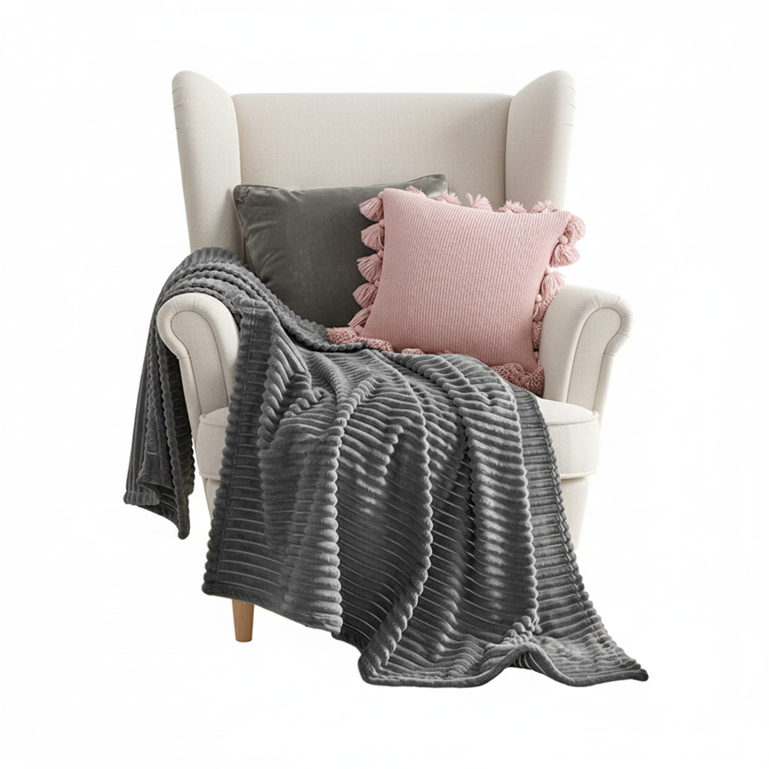 SOGA 3PC Cozy Set – Gray Striped Flannel Throw Blanket with Pillow Covers (Velvet Dove Gray + Soft Pink Pom-Pom Design)