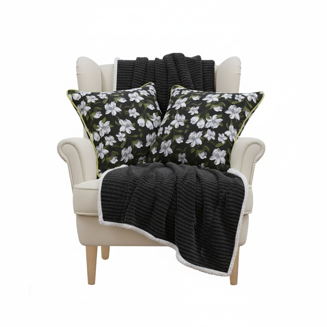SOGA 3PC Cozy Set – Double-Sided Flannel Throw Blanket with Black Floral Pillow Covers (Green Trim Design)
