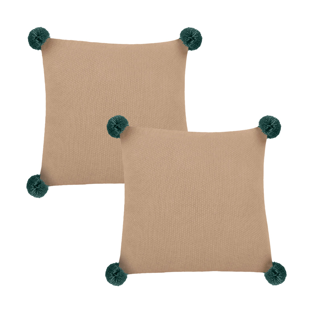 SOGA 2X 45cm Ribbed Knit Pillowcase with Forest Green Pom-Poms – Warm Beige Cushion Covers