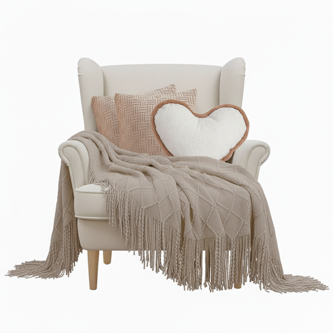 SOGA 4PC Set – Coffee Diamond Knitted Throw with Tassels + Taupe Grid Pillowcases & Heart Plush Pillow – Cozy Neutral Decor