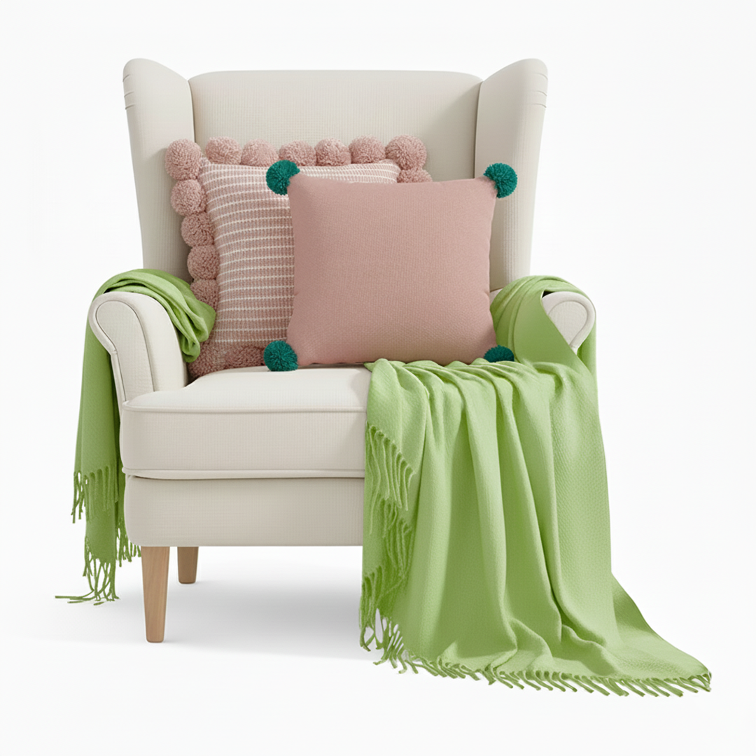 SOGA 3PC Cozy Knit Set – Green Acrylic Throw Blanket with Ribbed Pillow Covers and Pom-Poms (Blush Pink & Dusty Rose Design)