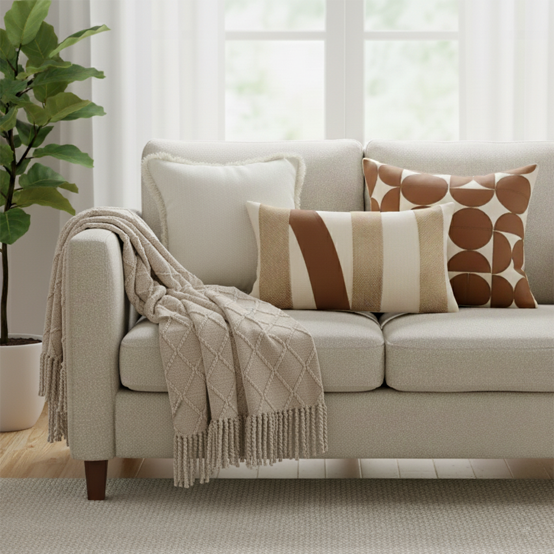 SOGA 4PC Set – Coffee Diamond Knitted Throw with Tassels + Striped, Geometric & Cream Pillowcases – stylish Decor