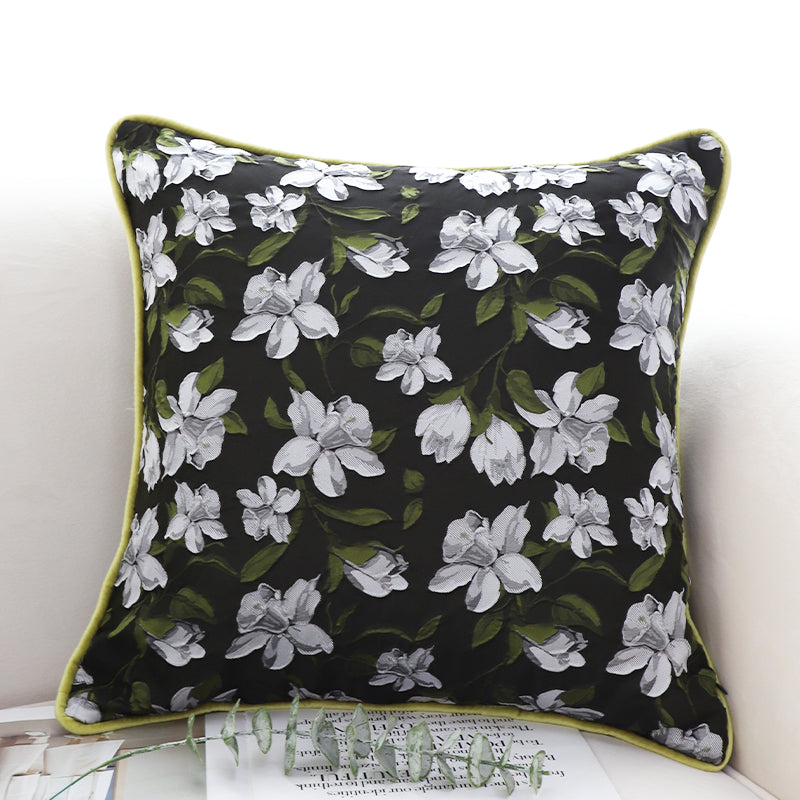 SOGA 45cm Black Floral Pillow Cover with Green Trim