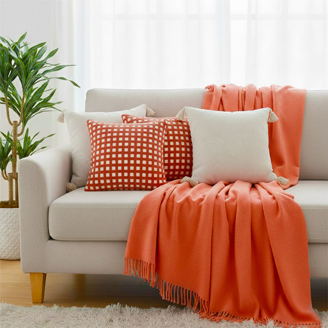 SOGA 5PC Set – Orange Knitted Throw with Fringes + Coral Polka Dot & Cream Tassel Pillowcases – Cozy Home Decor