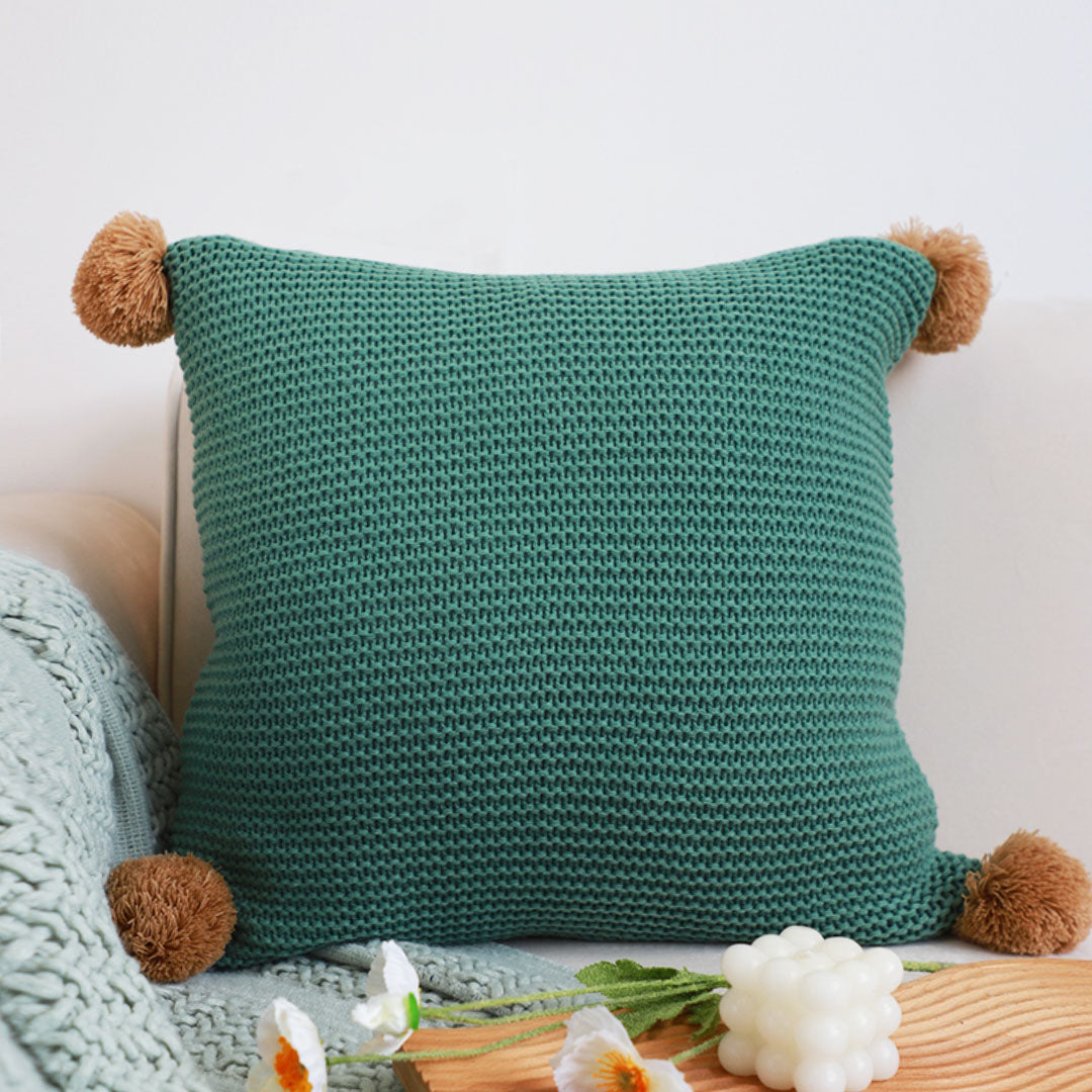 SOGA 45cm Ribbed Knit Pillowcase with Pom-Poms (Sage Green)