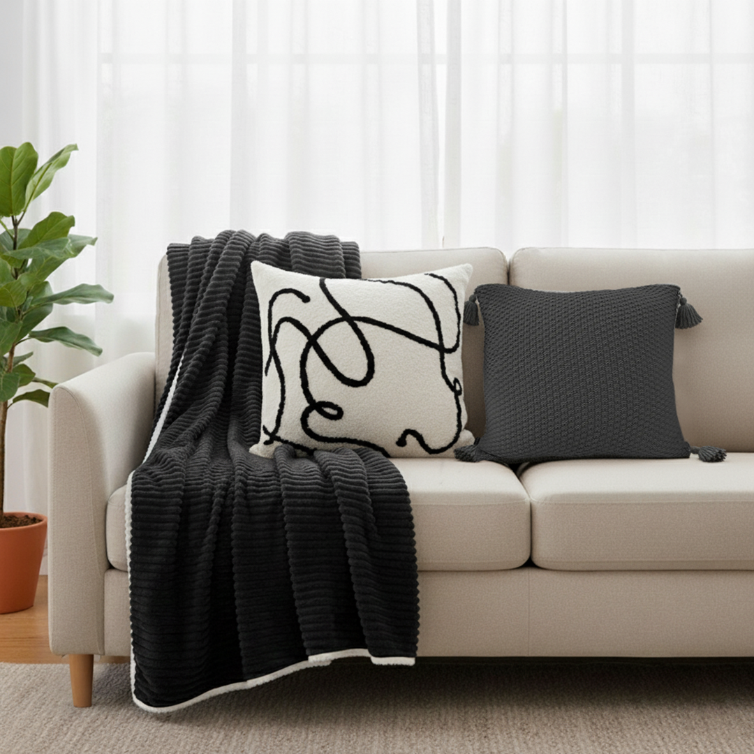 SOGA 3PC Cozy Home Set – Flannel Throw Blanket with Decorative Pillow Covers (Knit & Abstract Design)