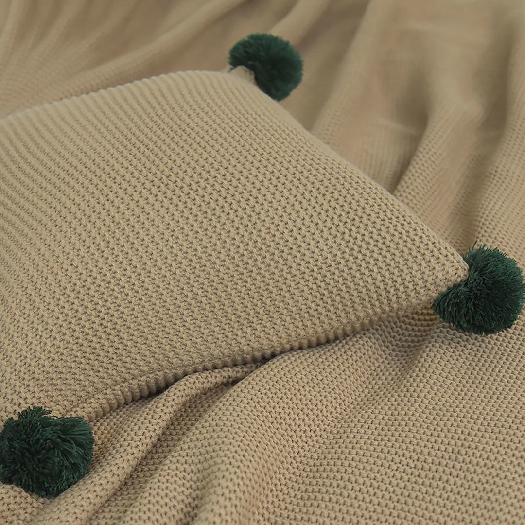 SOGA 45cm Ribbed Knit Pillowcase with Pom-Poms (Warm Beige)