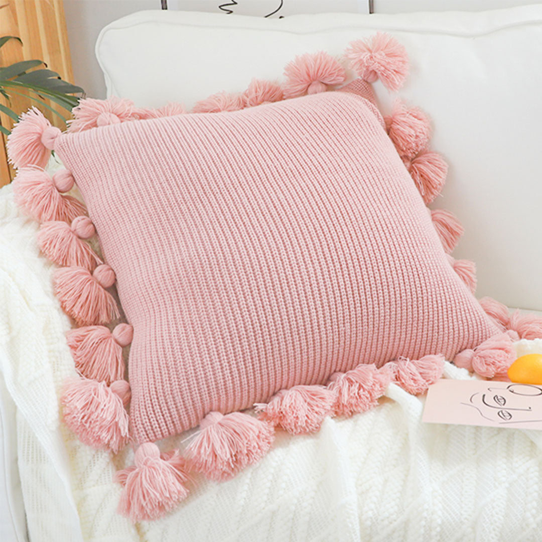 SOGA 45cm Textured Pillowcase with Pom-Pom Trim (Soft Pink)