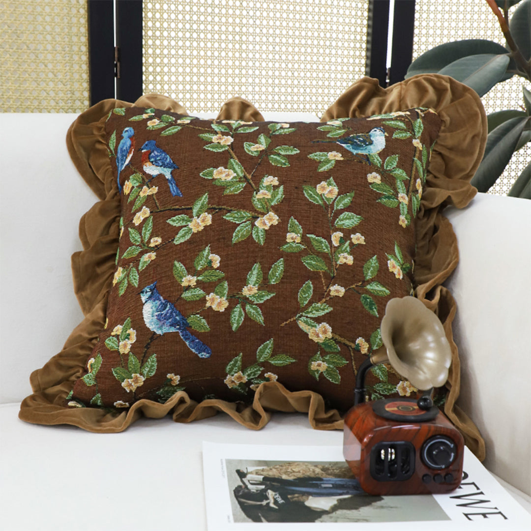 SOGA 2X 45cm “Enchanted Garden” Bird & Floral Ruffled Throw Pillowcase