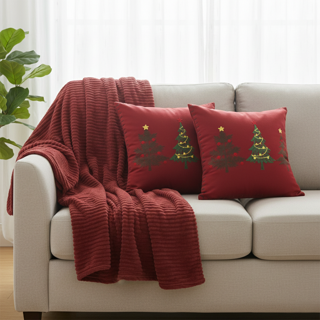 SOGA 3PC Christmas Set – Burgundy Striped Flannel Throw Blanket with Red Tree Trio Pillow Covers