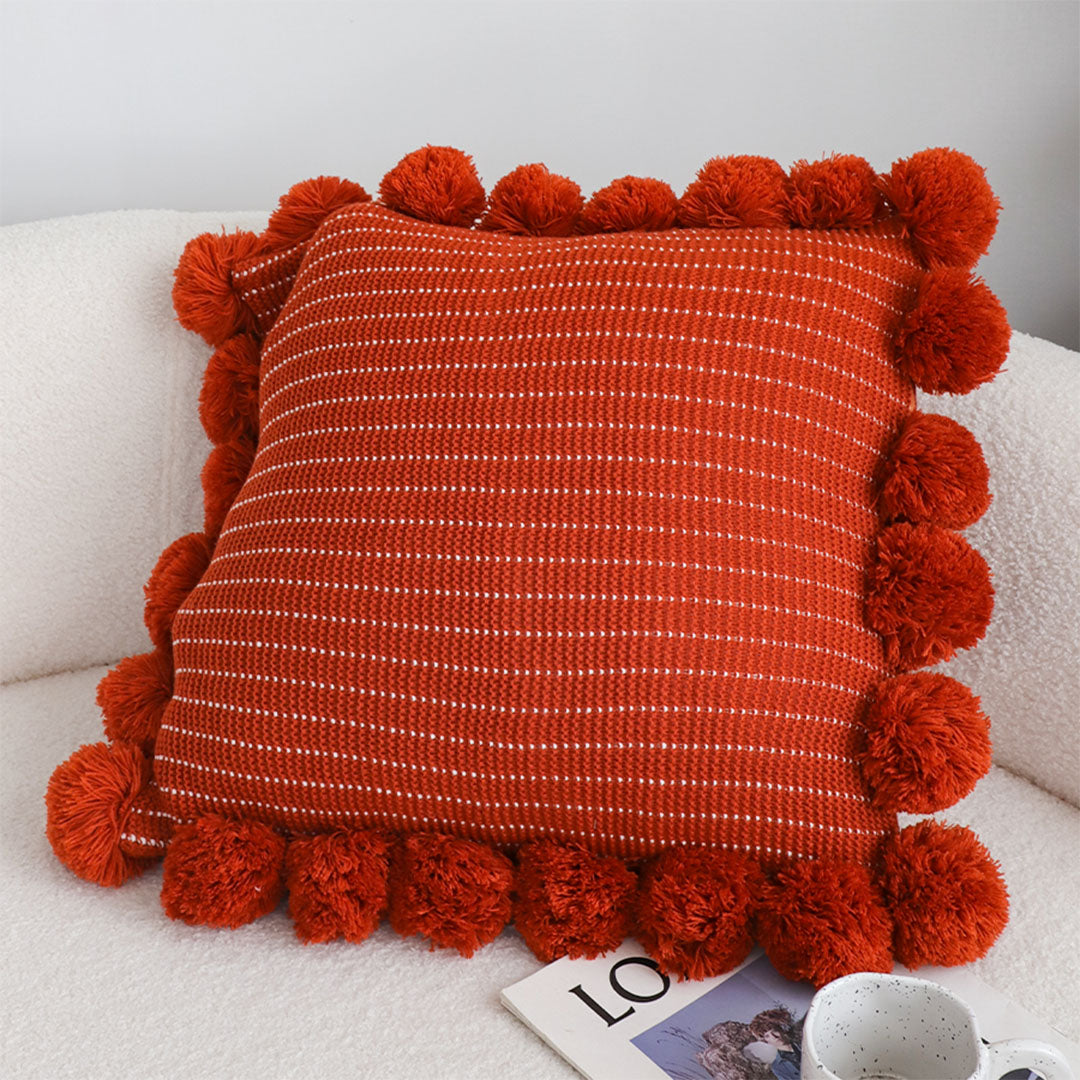 SOGA 45cm Rust Red Ribbed Pillow Cover with Pom Poms
