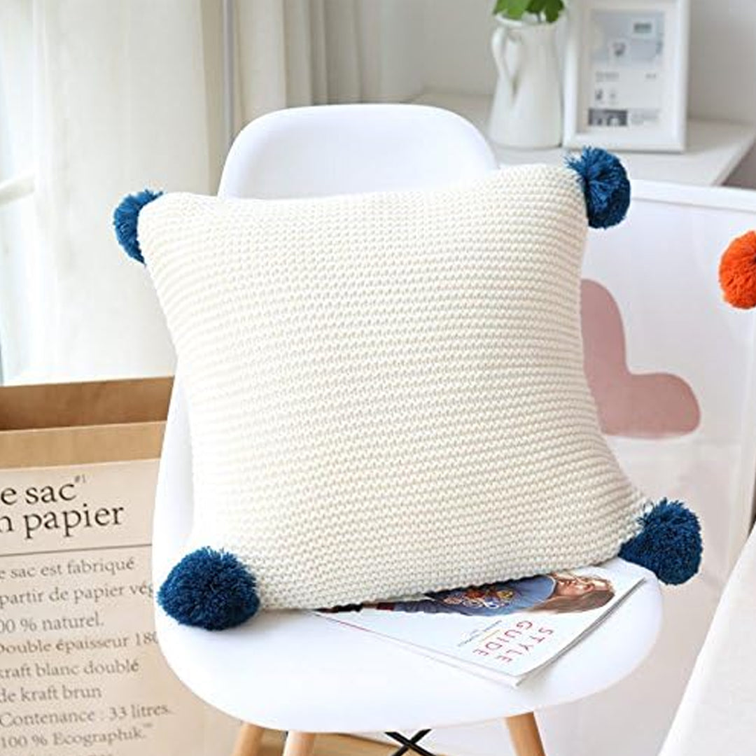 SOGA 45cm Ribbed Knit Pillowcase with Pom-Poms (Cream White)