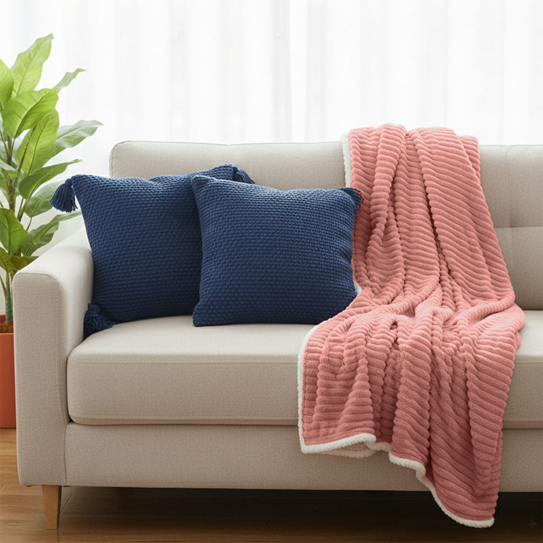 SOGA 3PC Cozy Set – Pink Flannel Throw Blanket with Decorative Pillow Covers (Chunky Knit & Textured Navy Design)