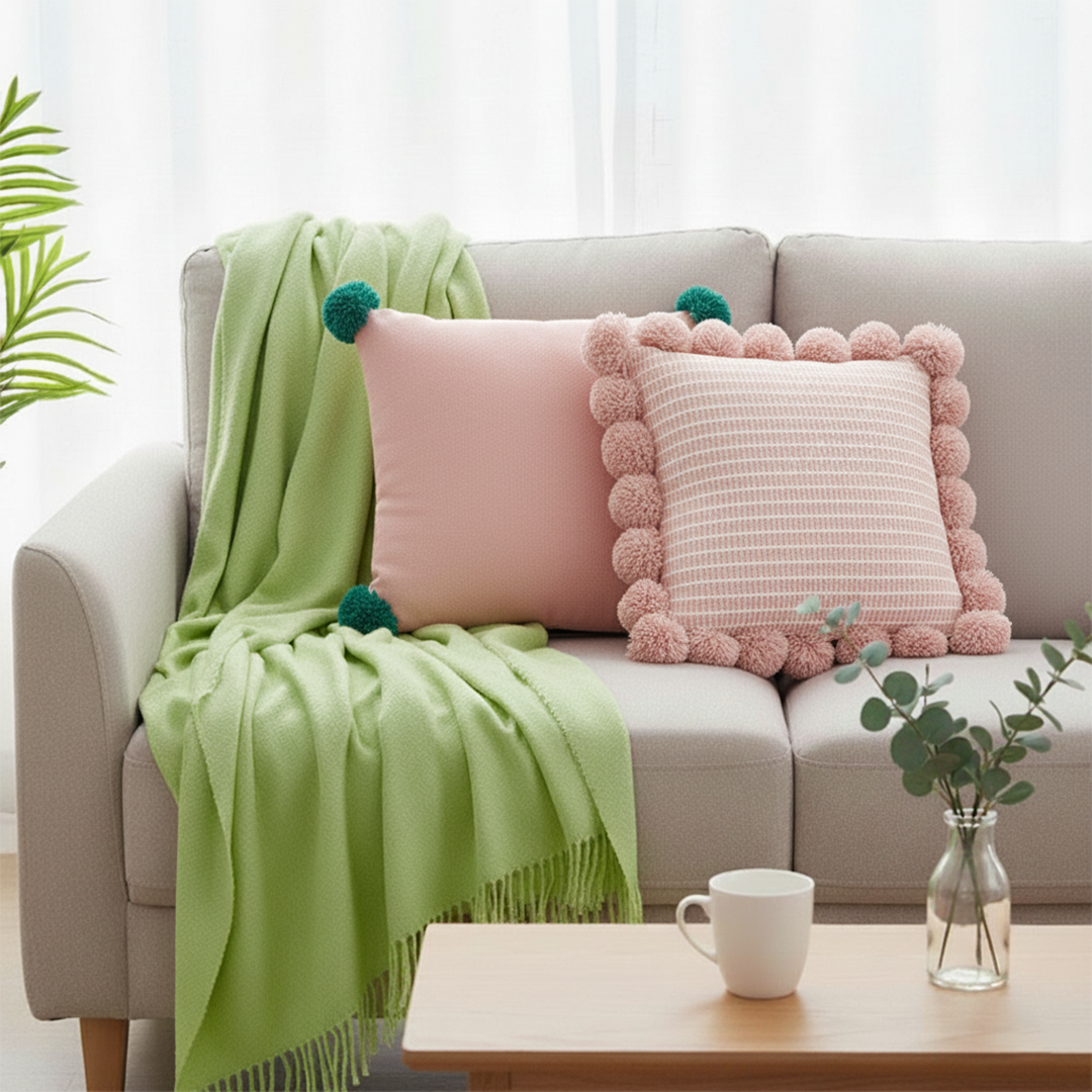 SOGA 3PC Cozy Knit Set – Green Acrylic Throw Blanket with Ribbed Pillow Covers and Pom-Poms (Blush Pink & Dusty Rose Design)