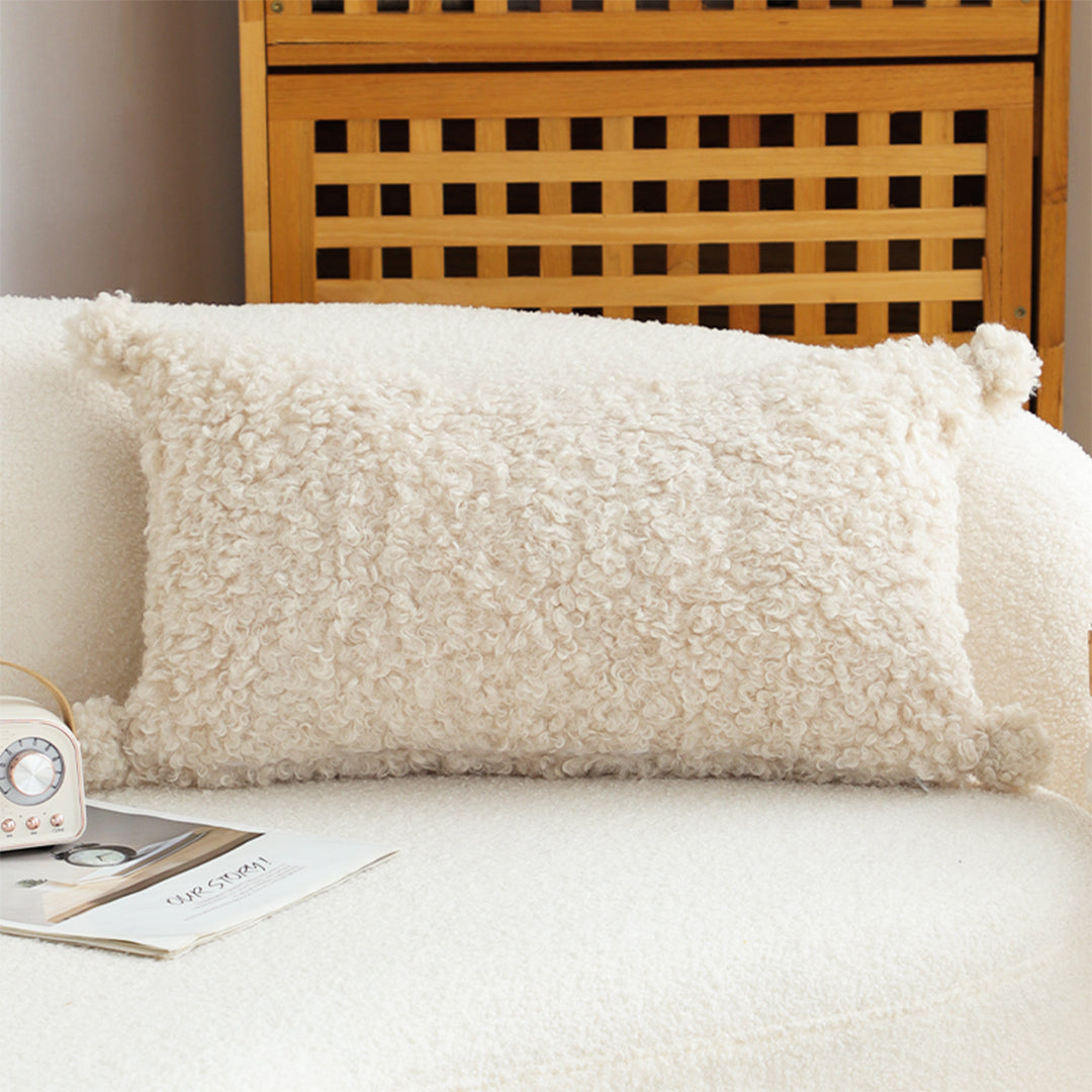 SOGA 30x50cm Cream Bouclé Lumbar Pillow with Corner Tassels