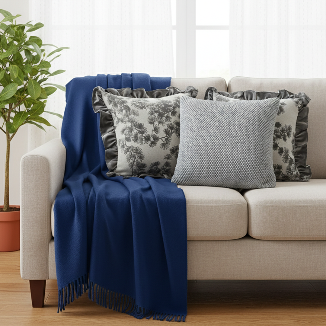 SOGA 4PC Set – Royal Blue Knitted Throw with Fringes + Gray Floral Ruffle & Stone Pillowcases – Cozy Elegant Decor