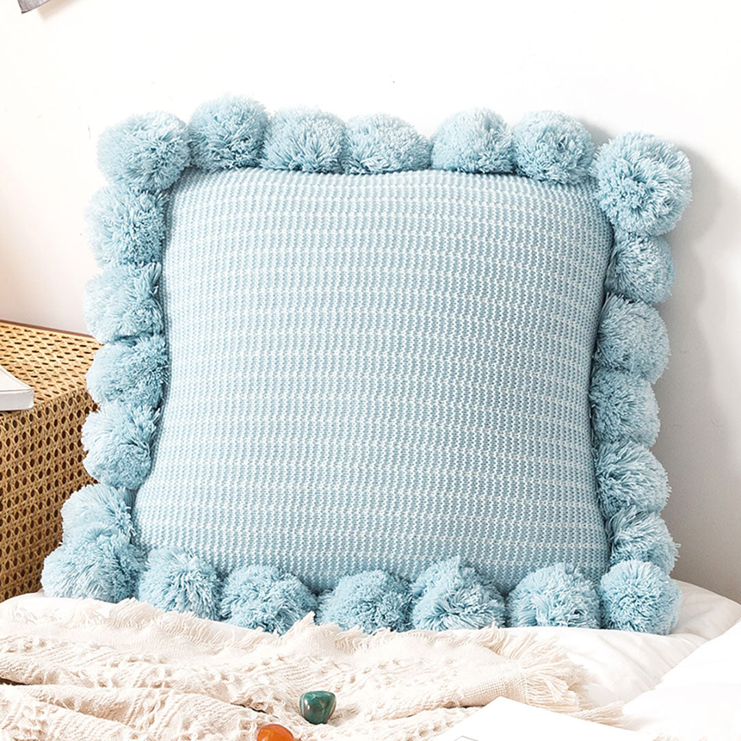 SOGA 45cm Light Blue Ribbed Pillow Cover with Pom Poms
