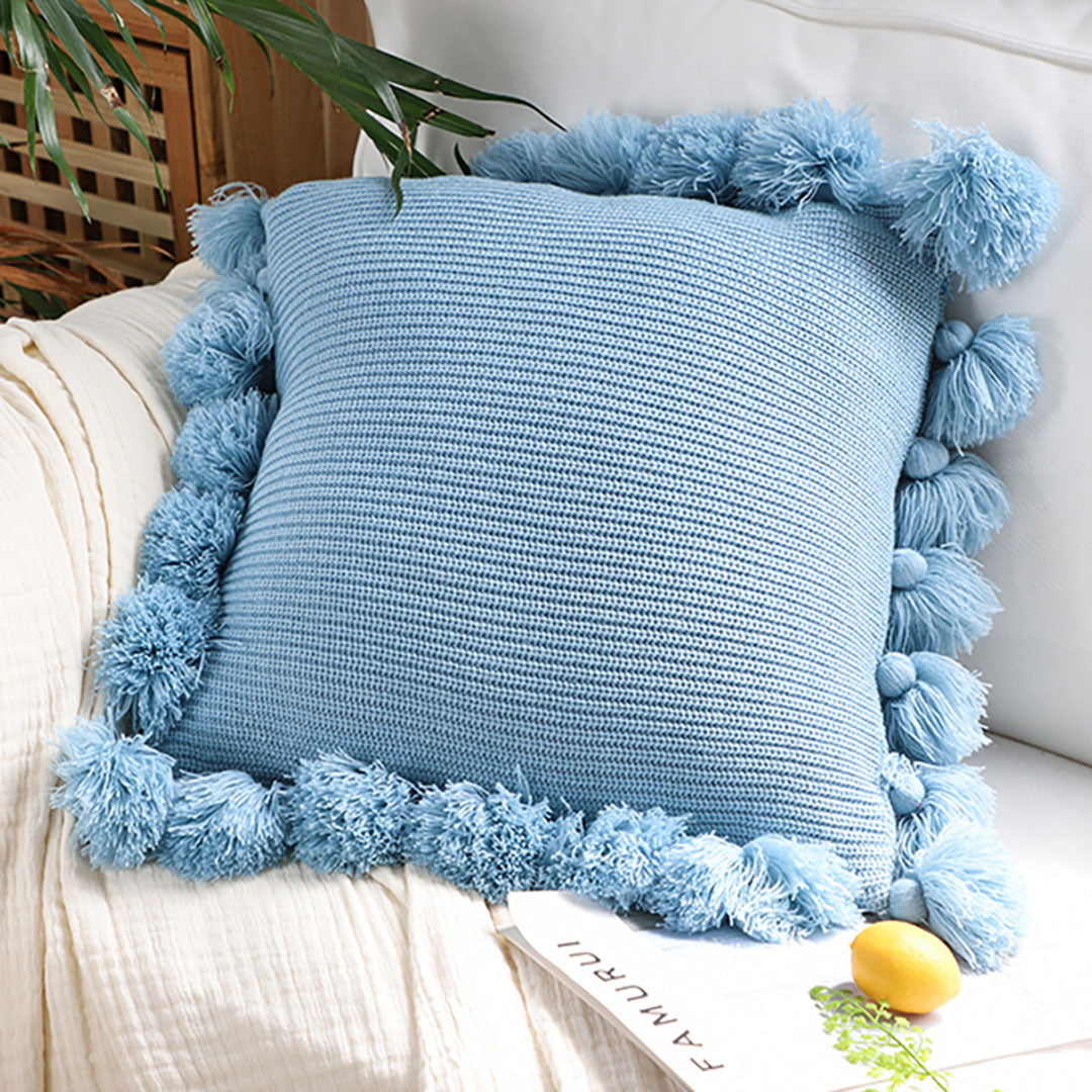 SOGA 45cm Textured Pillowcase with Pom-Pom Trim (Sky Blue)
