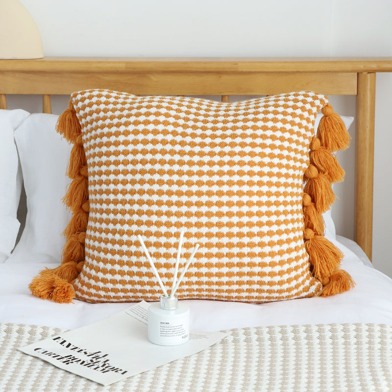 SOGA 45cm Orange Houndstooth Pillow Cover with Tassels
