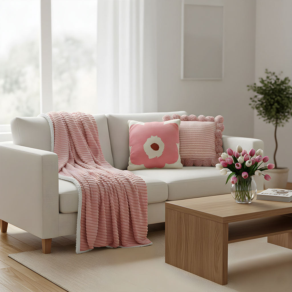 SOGA 3PC Cozy Pink Set – Flannel Throw Blanket with Pillow Covers (Ribbed Pom-Poms & Blush Bloom Design)