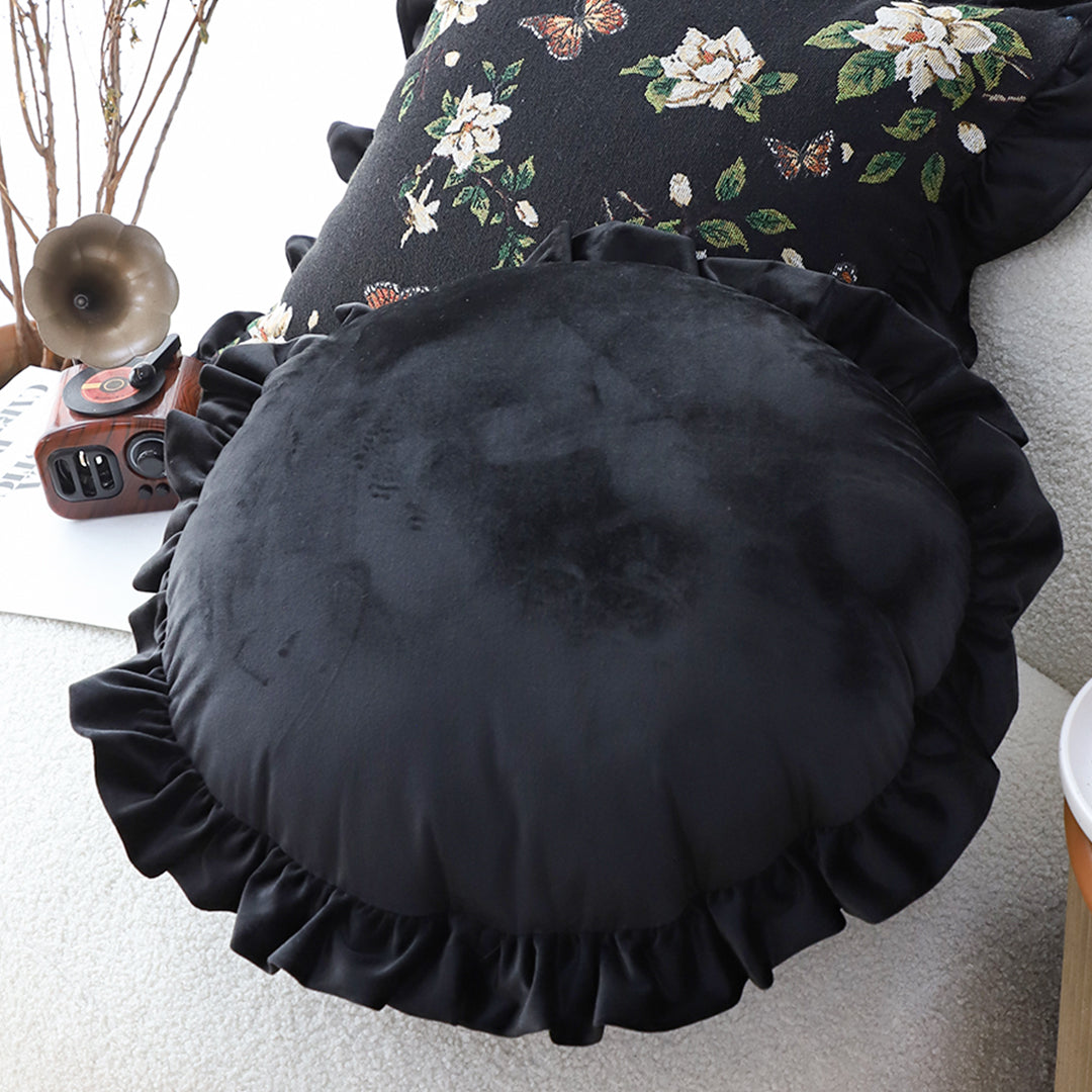 SOGA 45cm Black Vintage Lotus Edge Round Pillowcase – Butterfly Accent