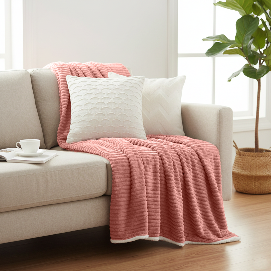 SOGA 3PC Cozy Set – Pink Flannel Throw Blanket with Decorative Pillow Covers (Chevron Pure & Scalloped Wave White Design)