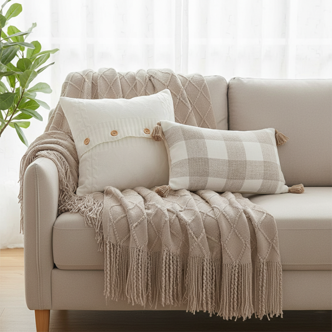 SOGA 3PC Cozy Set – Coffee Diamond Knit Throw Blanket with Decorative Pillow Covers (Knit Comfort & Gingham Check Design)