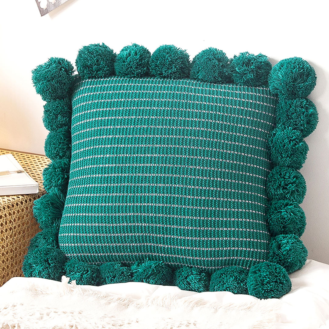 SOGA 45cm Teal Ribbed Pillow Cover with Pom Poms