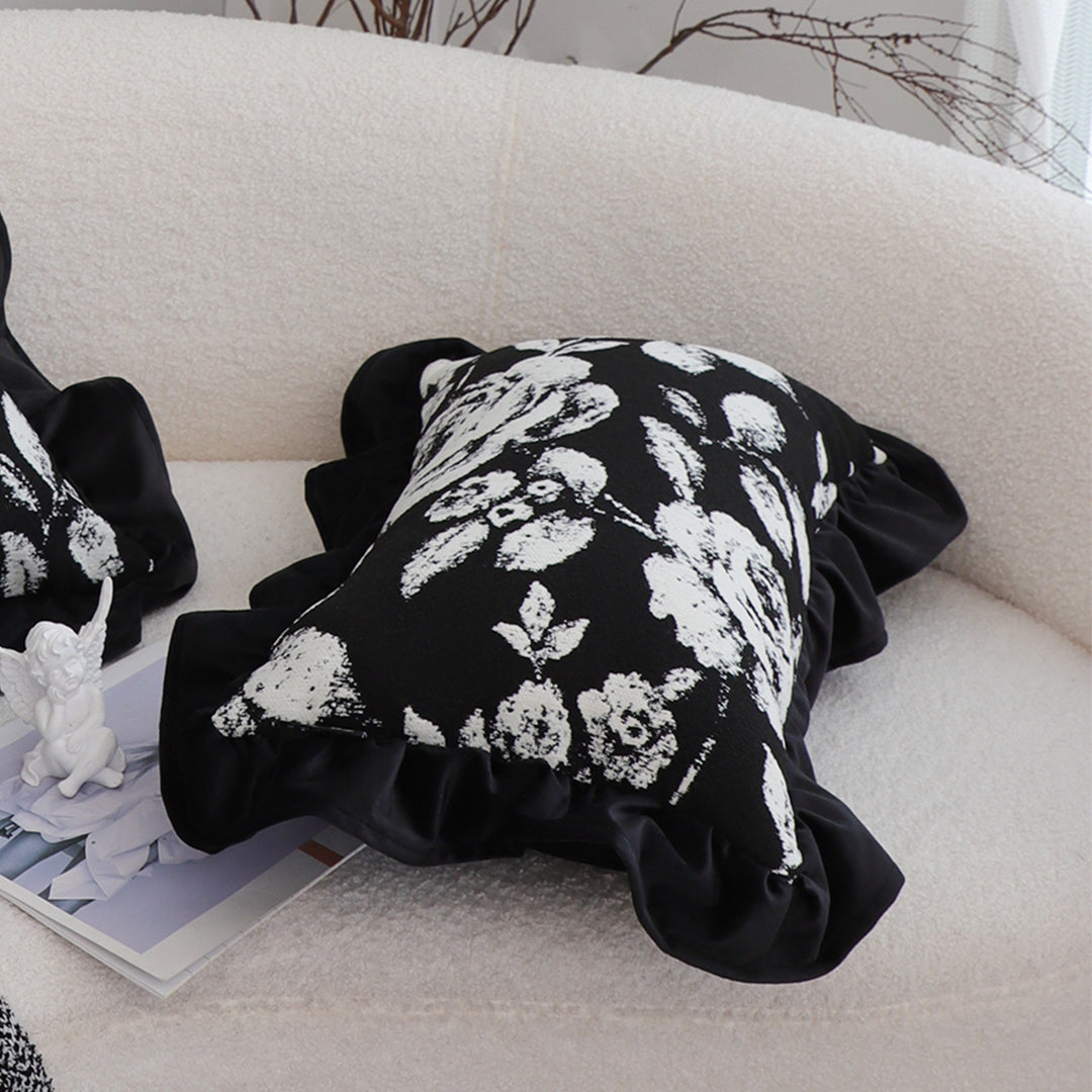 SOGA 30x50 Rectangular Rustic Black Floral Ruffle Pillow Cover
