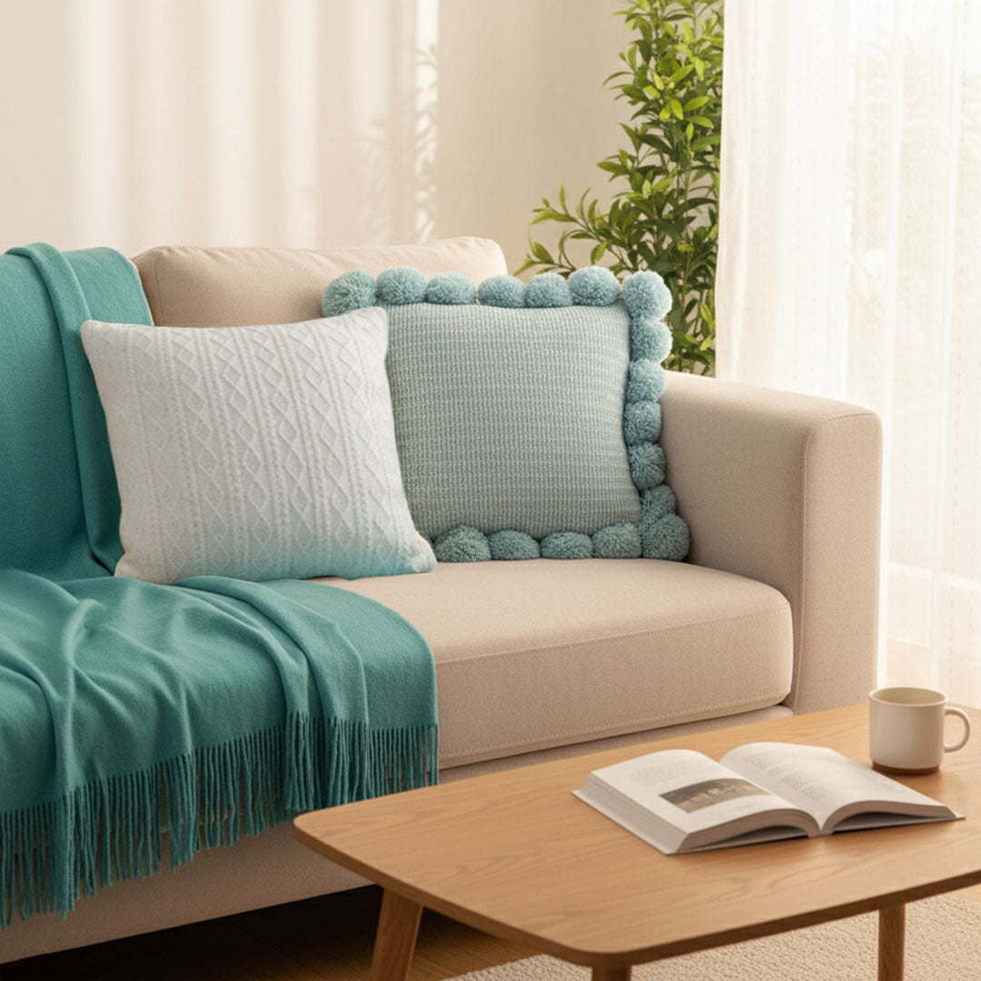 SOGA 3PC Cozy Knit Set – Teal Throw Blanket with Decorative Knitted Pillow Covers (Blue Ribbed & Cable Knit Design)