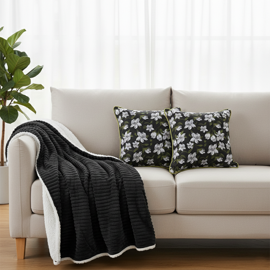 SOGA 3PC Cozy Set – Double-Sided Flannel Throw Blanket with Black Floral Pillow Covers (Green Trim Design)
