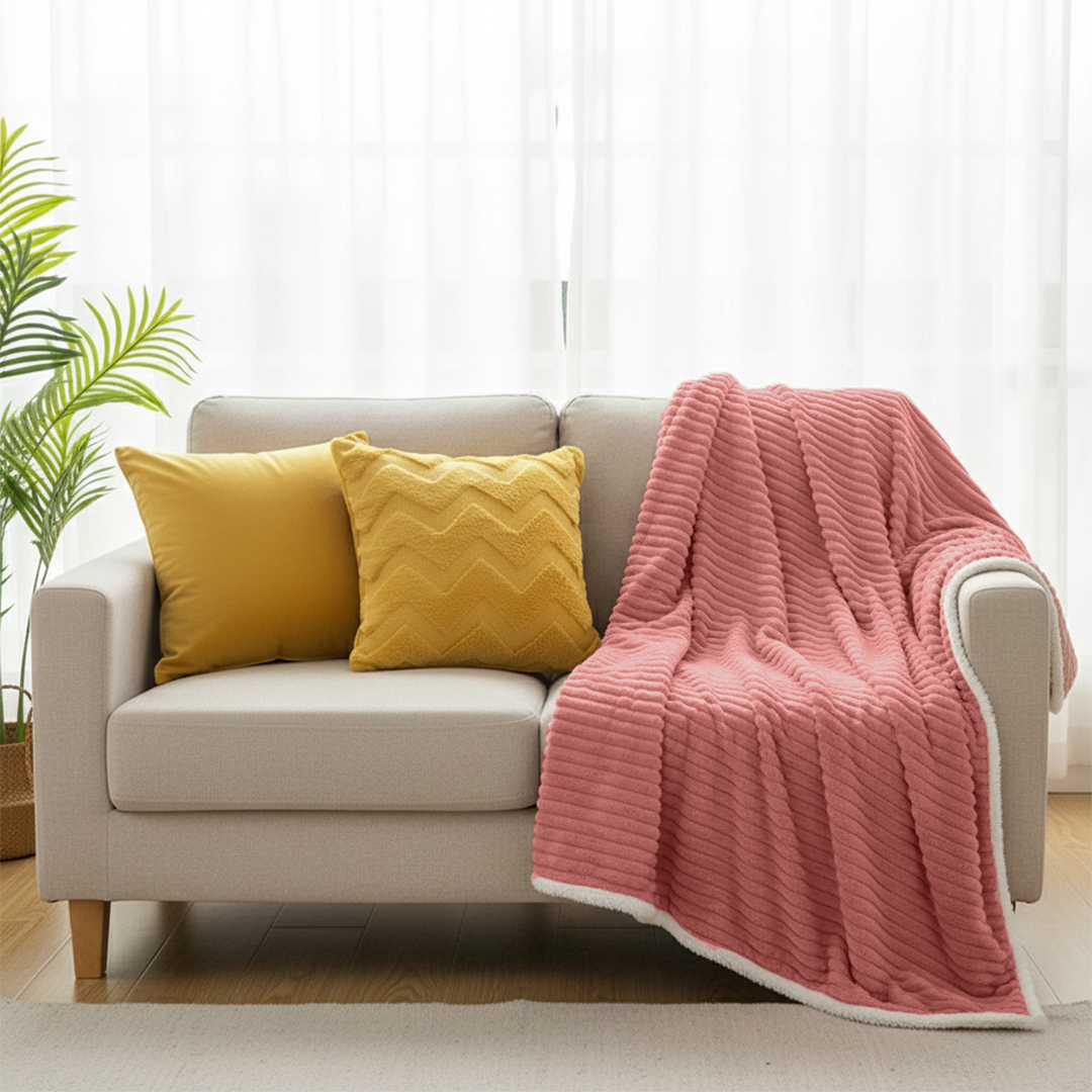 SOGA 3PC Cozy Set – Pink Flannel Throw Blanket with Pillow Covers (Chevron & Yellow Velvet Design)