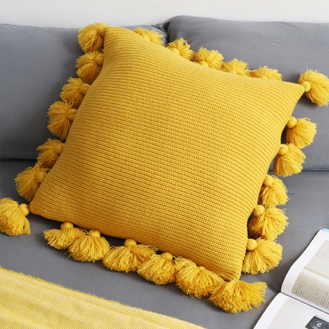 SOGA 45cm Textured Pillowcase with Pom-Pom Trim (Sunny Yellow)