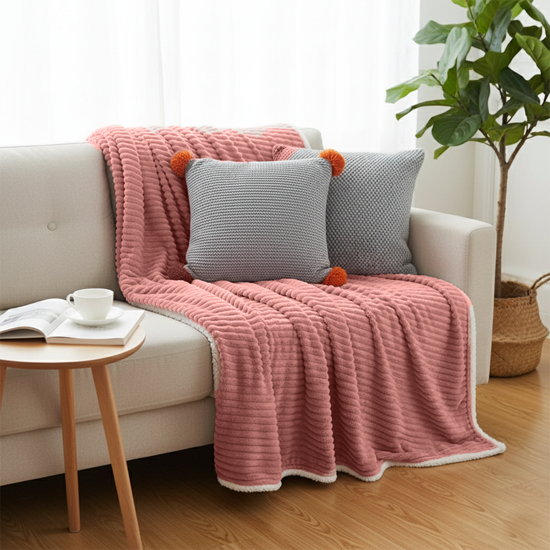 SOGA 3PC Cozy Set – Pink Flannel Throw Blanket with Pillow Covers (Stone Texture & Gray Ribbed Pom-Poms Design)