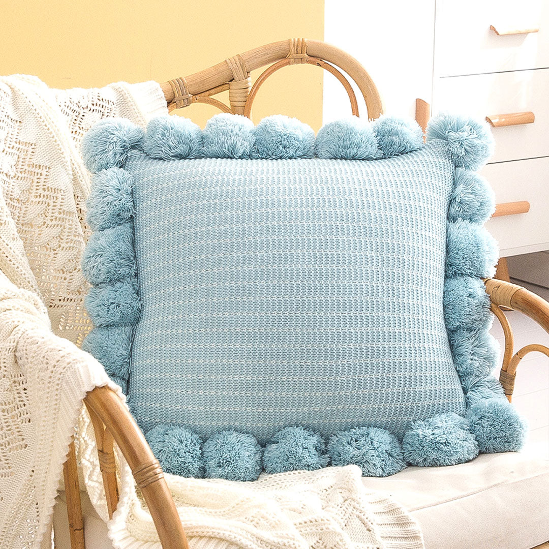 SOGA 45cm Light Blue Ribbed Pillow Cover with Pom Poms